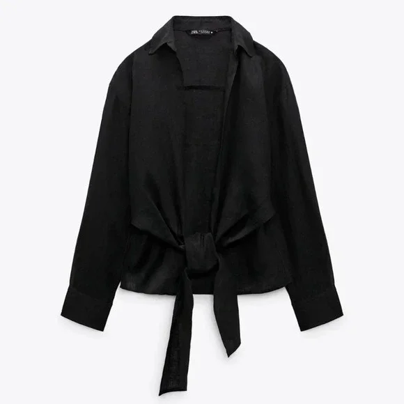 Zara Linen Tie Shirt With Knot Black NWT  Size Small - Picture 6 of 11